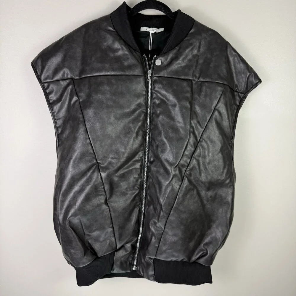 MNML Leather Bomber Vest Black Oversized Streetwear Zip Jacket Mens Large
